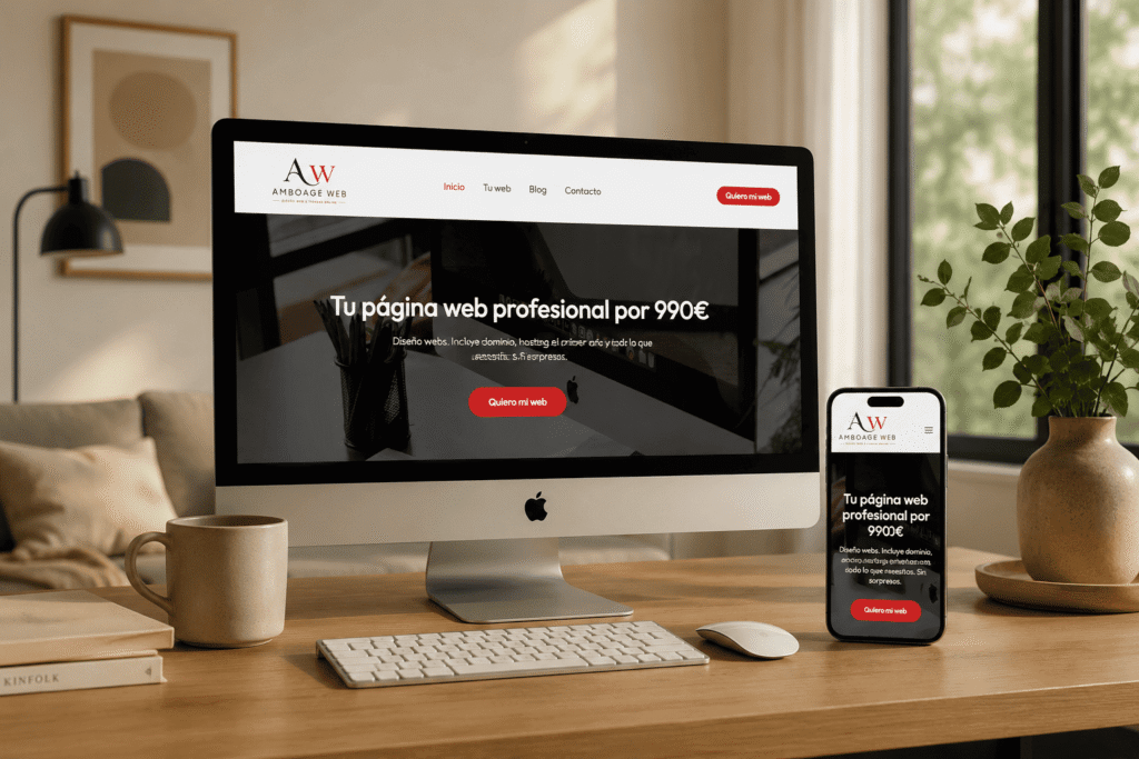 mockup de ordenador y movil en oficina